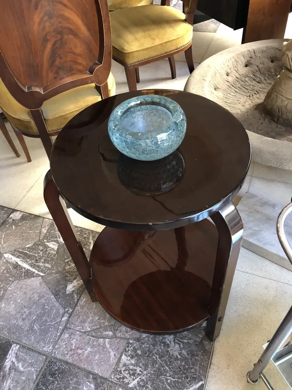 Antique small table featuring a decorative dish on top