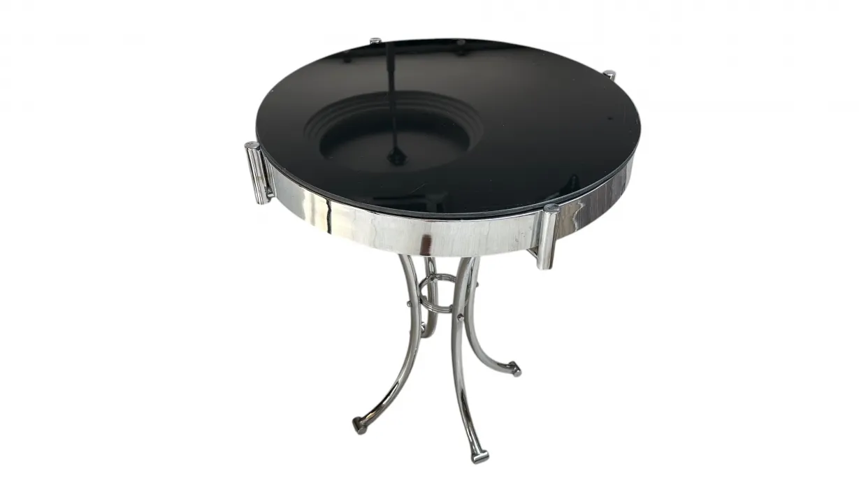 Mesinha antiga redonda com topo preto, pernas de metal