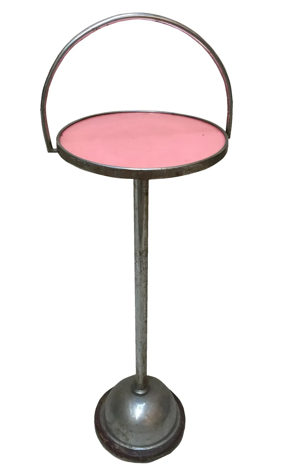 Petite table antique avec un dessus rose et un design minimaliste, parfaite pour des ambiances vintage.