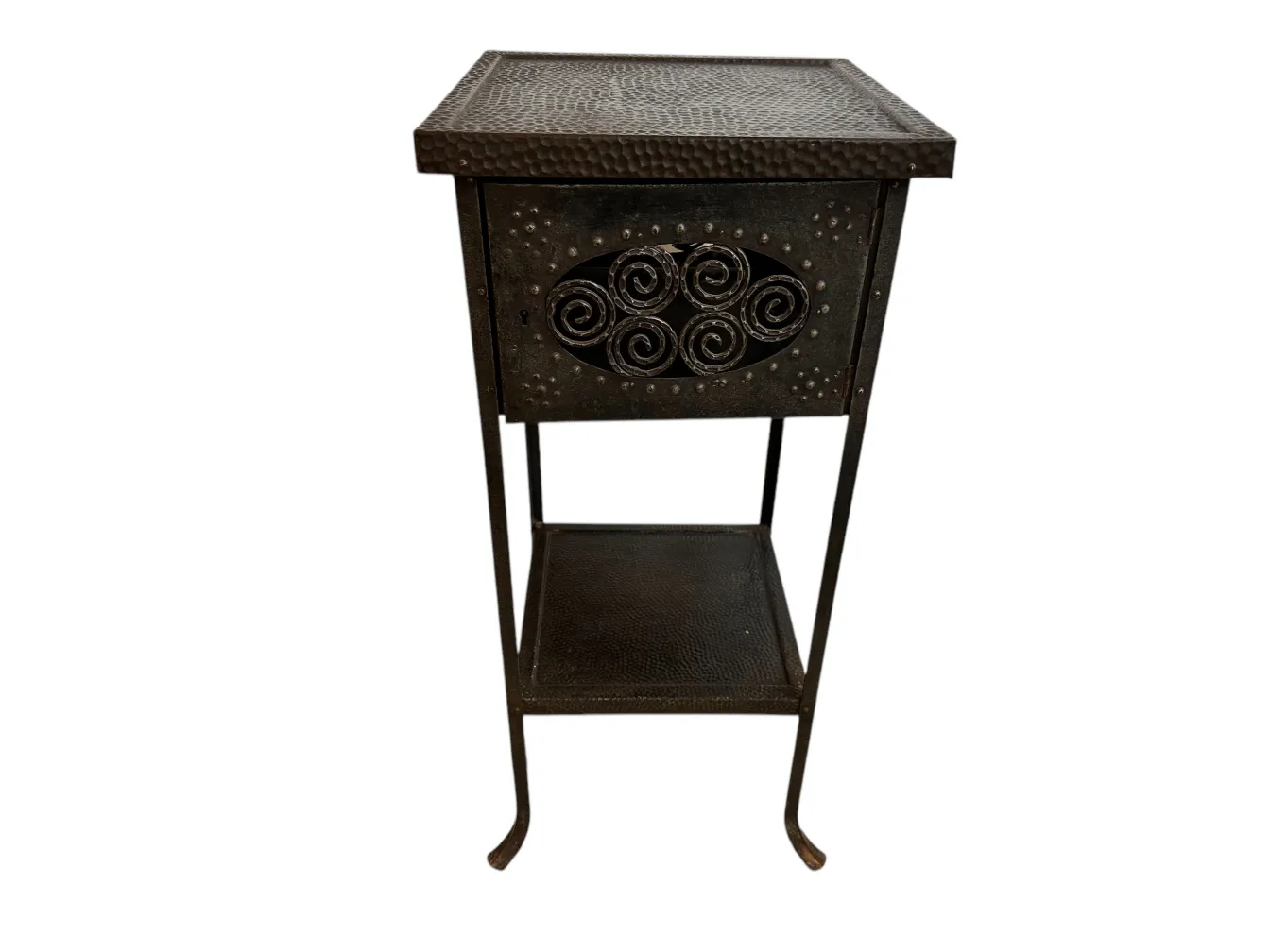 antique small table with decorative details and lower shelf