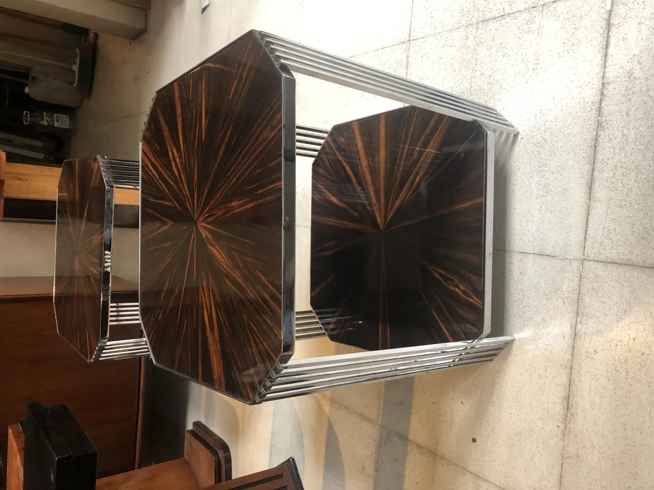 Two antique small tables with modern symmetrical design