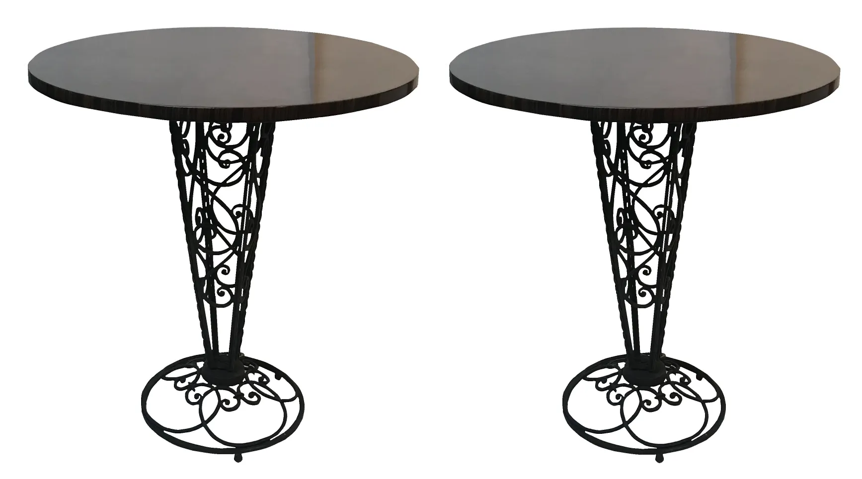 two antique small tables with decorative black iron base