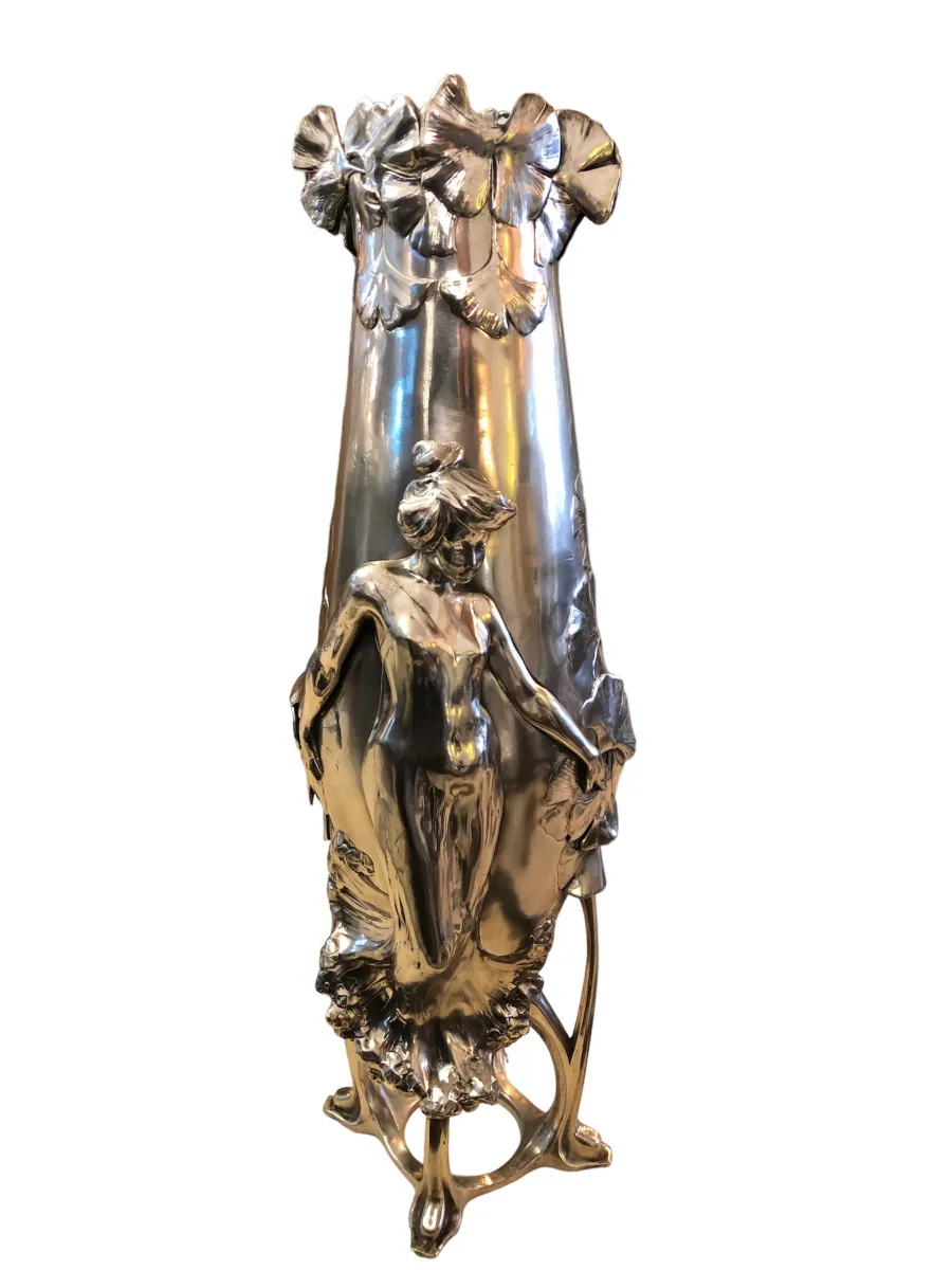 vaso de flores antigo art nouveau com figura de mulher e flores