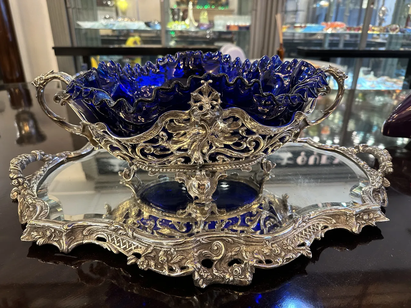 wmf antique centerpiece with decorative details and blue color