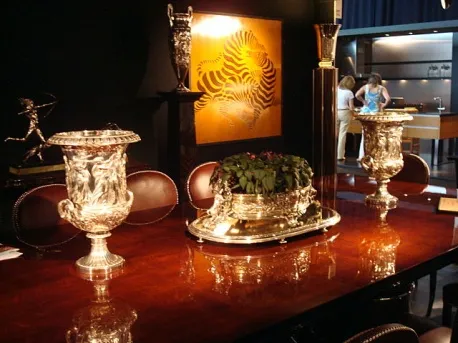 antique wmfd centerpiece with plants, elegant setting