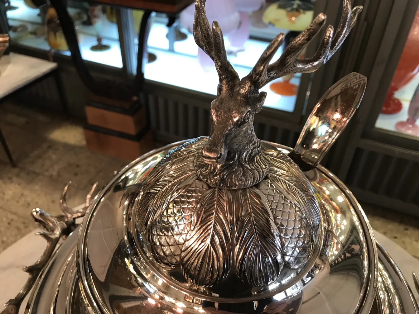 Antique WMF punch bowl with decorative lid and deer