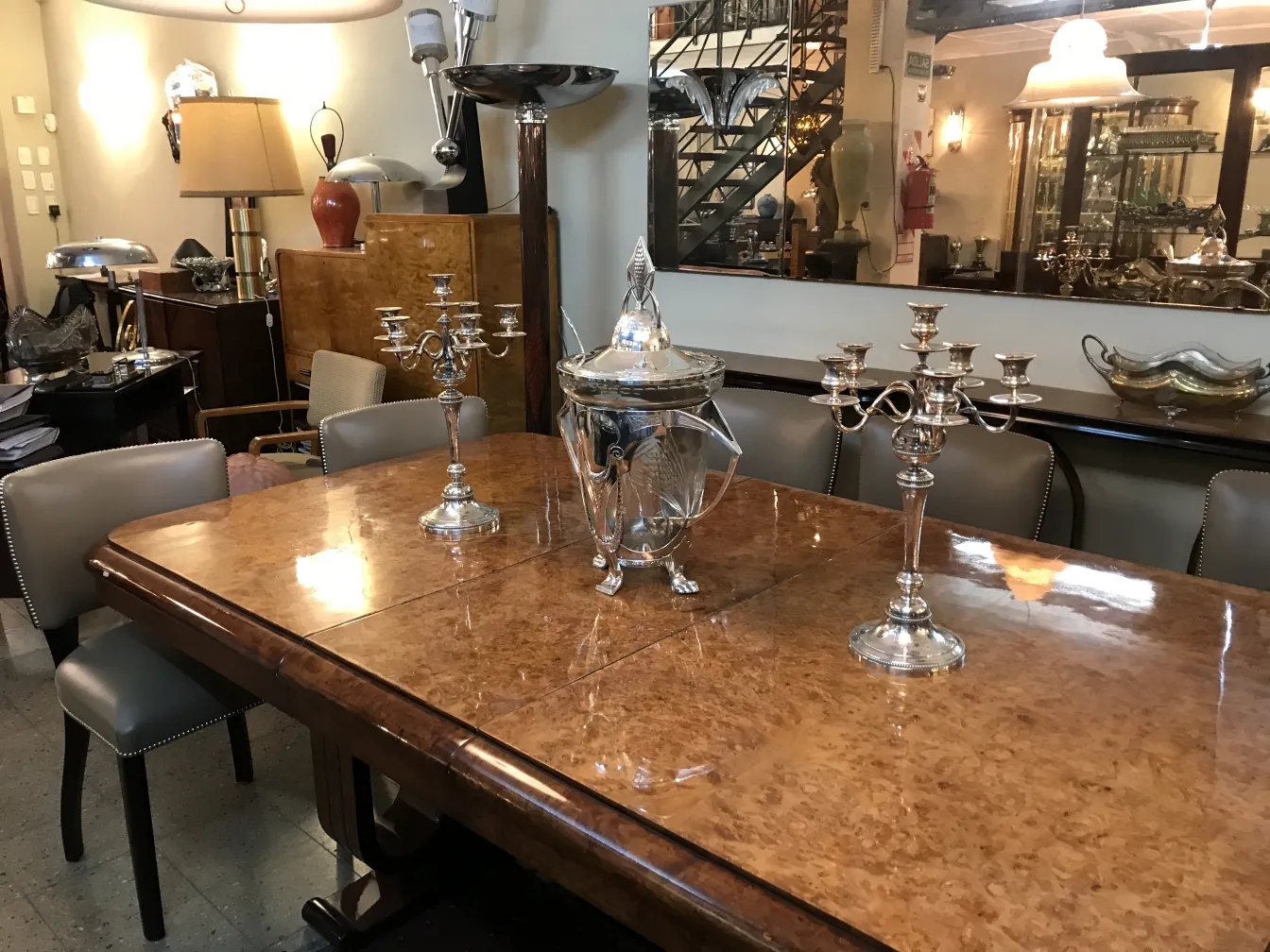 Antiga poncheira WMF decorativa sobre mesa com candelabros.