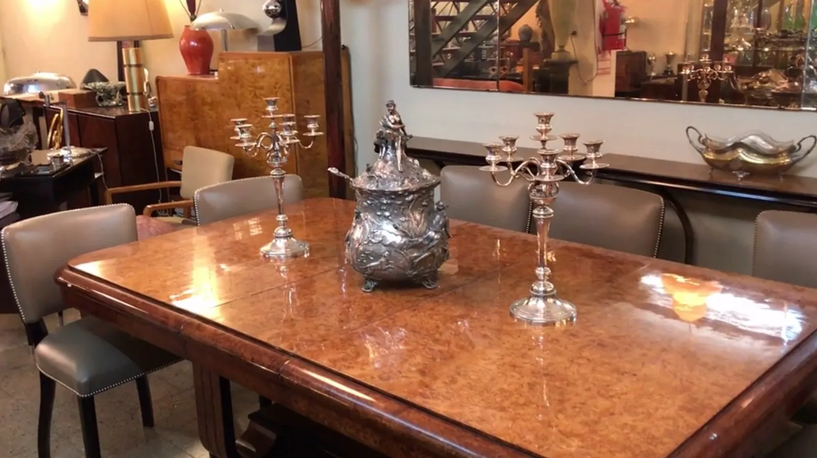 Antique WMF punch bowl, decorative, with candlesticks and wooden table