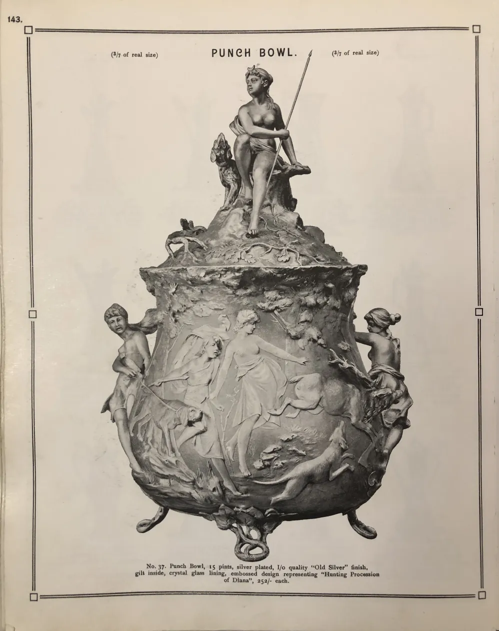 Antigua ponchera WMF con escenas de caza y naturaleza, decorativa.