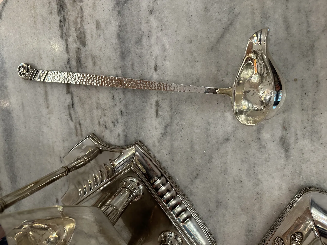 antique punch bowl wmfn with ladle on marble