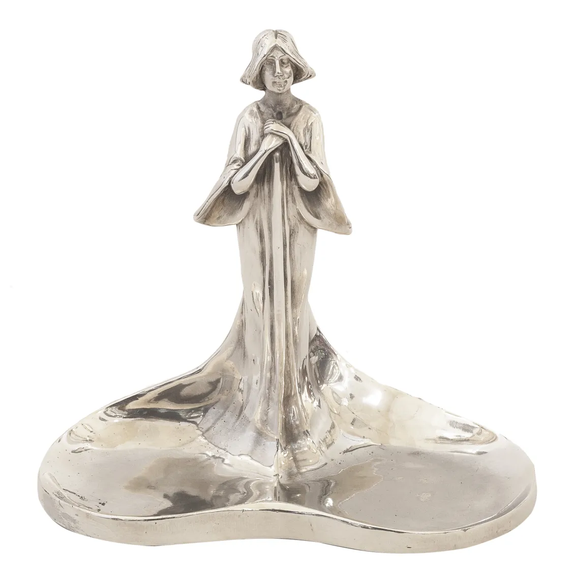 Plateau de carte ancien wmF avec une élégante figure féminine aux contours doux.