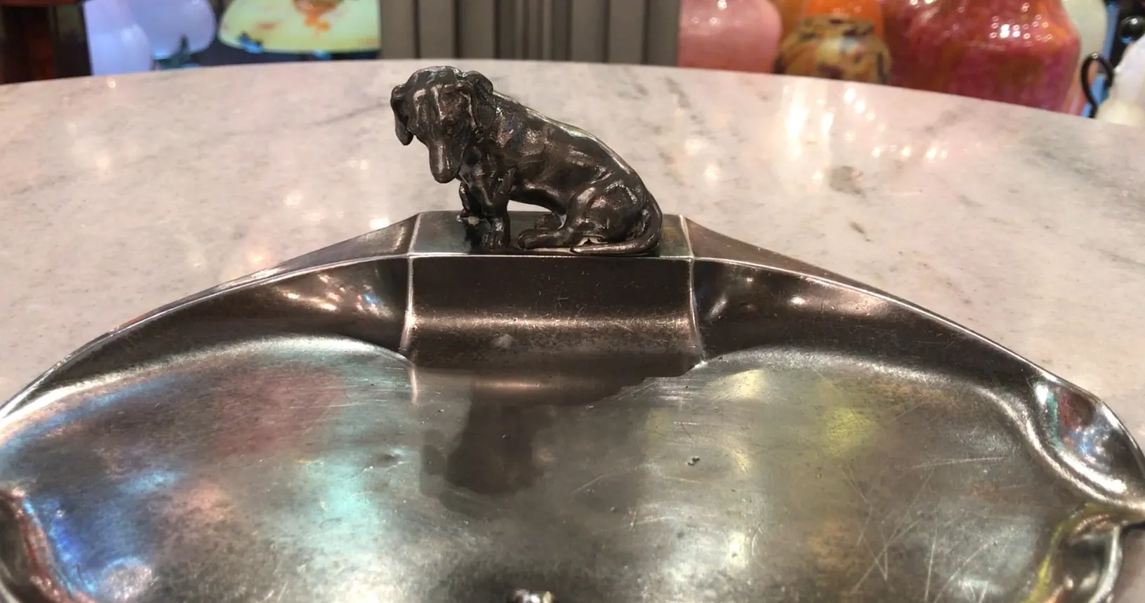 antique card tray WMF featuring a dog figure.