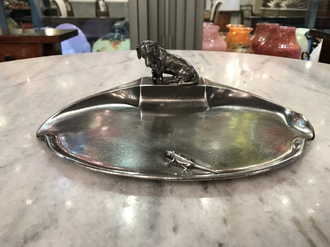 vassoio per carte antico wmf con figura di cane e lucertola