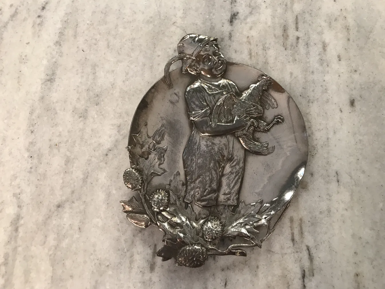 古董卡片托盘WMF，展示孩子和鸟