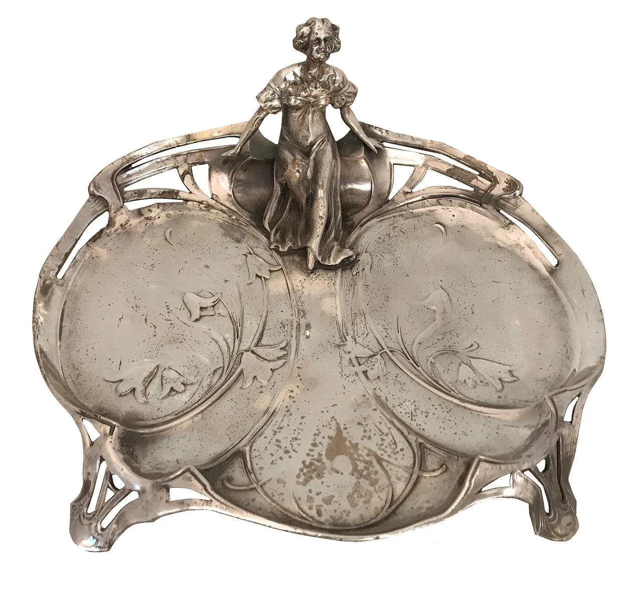 Antikes Kartenfach WMF mit floralen Motiven und einer weiblichen Figur.