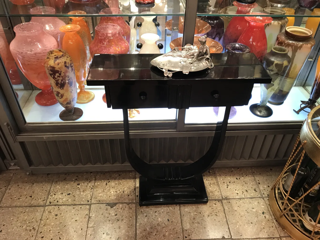 antique card tray WMF with colorful vases in background