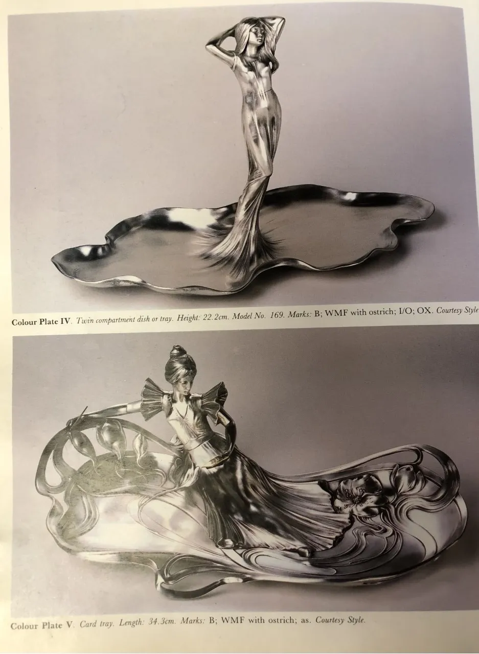 Bandeja de cartas antiga WMF com figura esculpida e forma elegante, decorativa e funcional em ambientes clássicos.