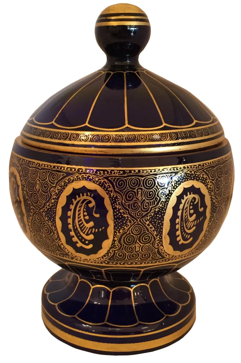 antique candy box with gold and blue design