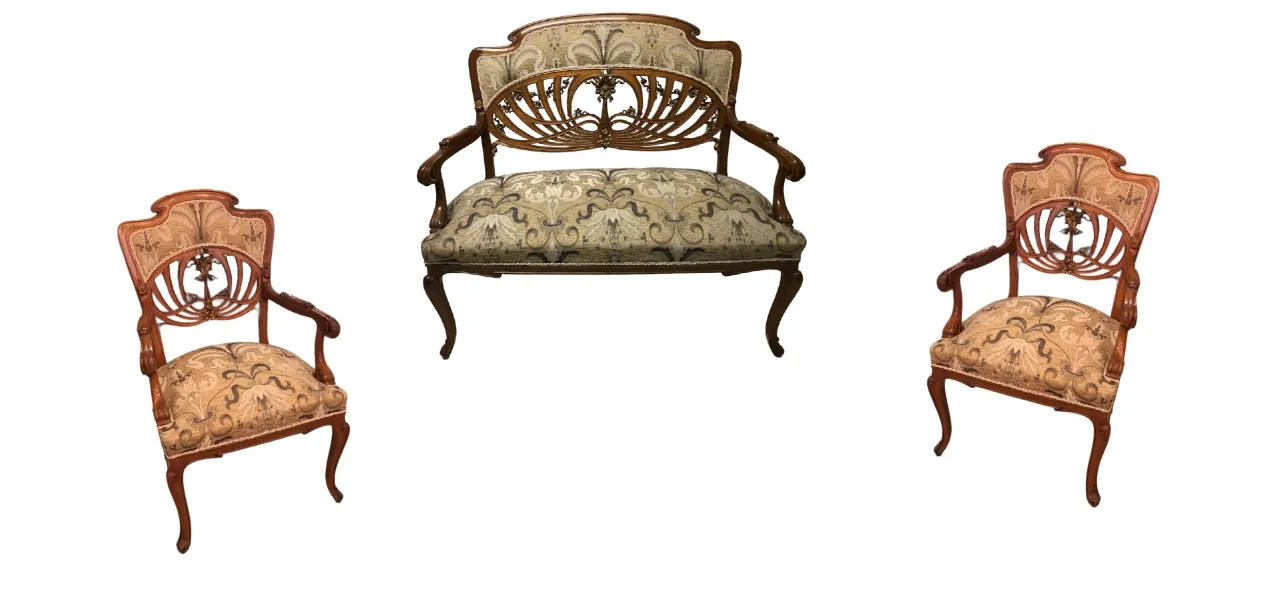 Set of 3 vintage armchairs in art nouveau style with intricate designs.