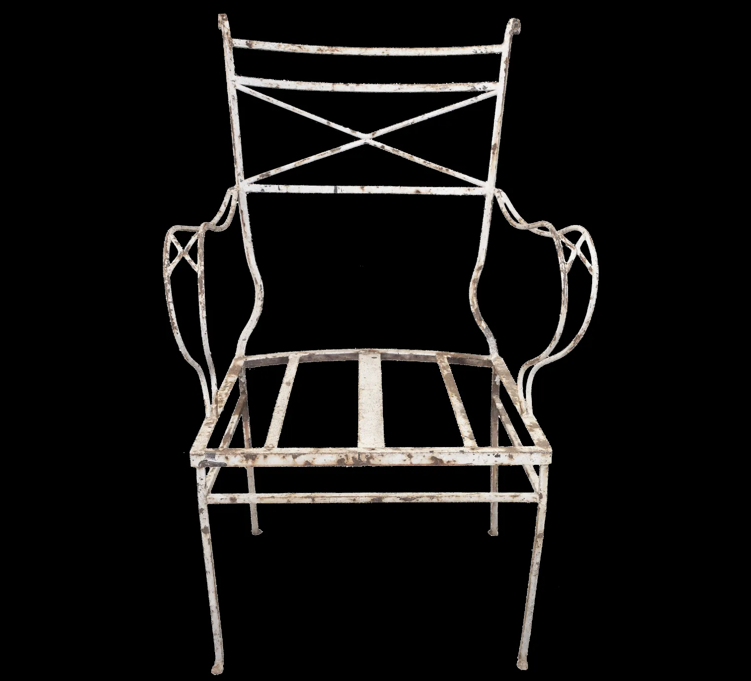 Antiker Garten-Sessel mit Armen, dünnen Beinen und klassischem Design.