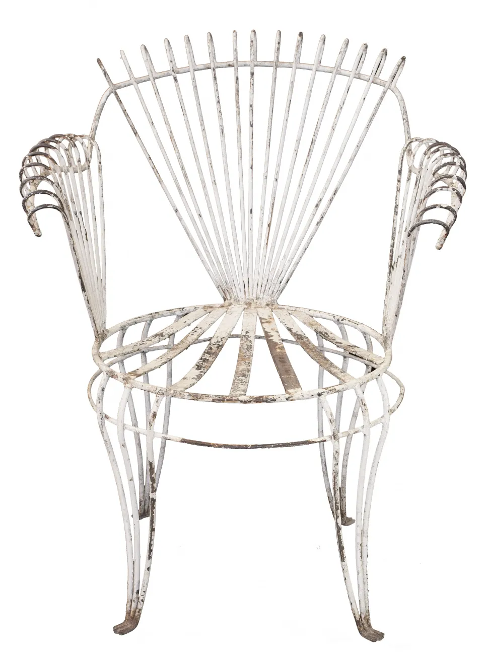 View of 4 antique garden armchairs in a green setting.