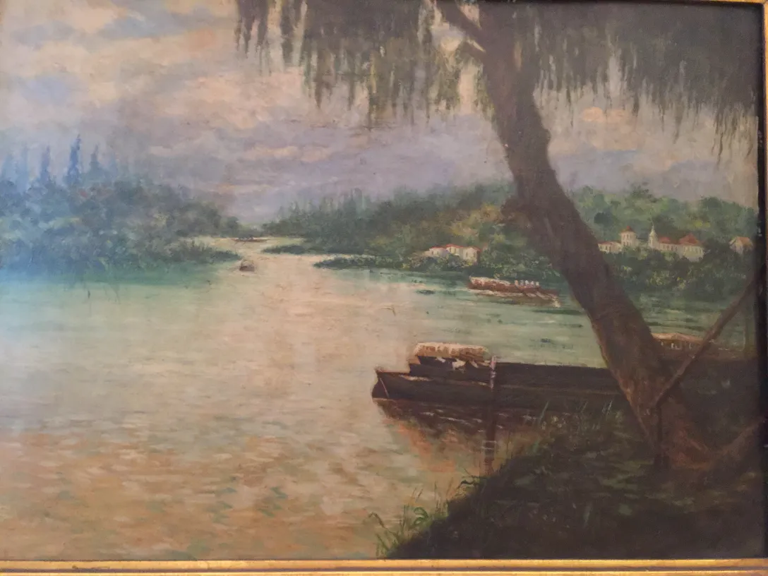 古董画作的风景，河流和树木