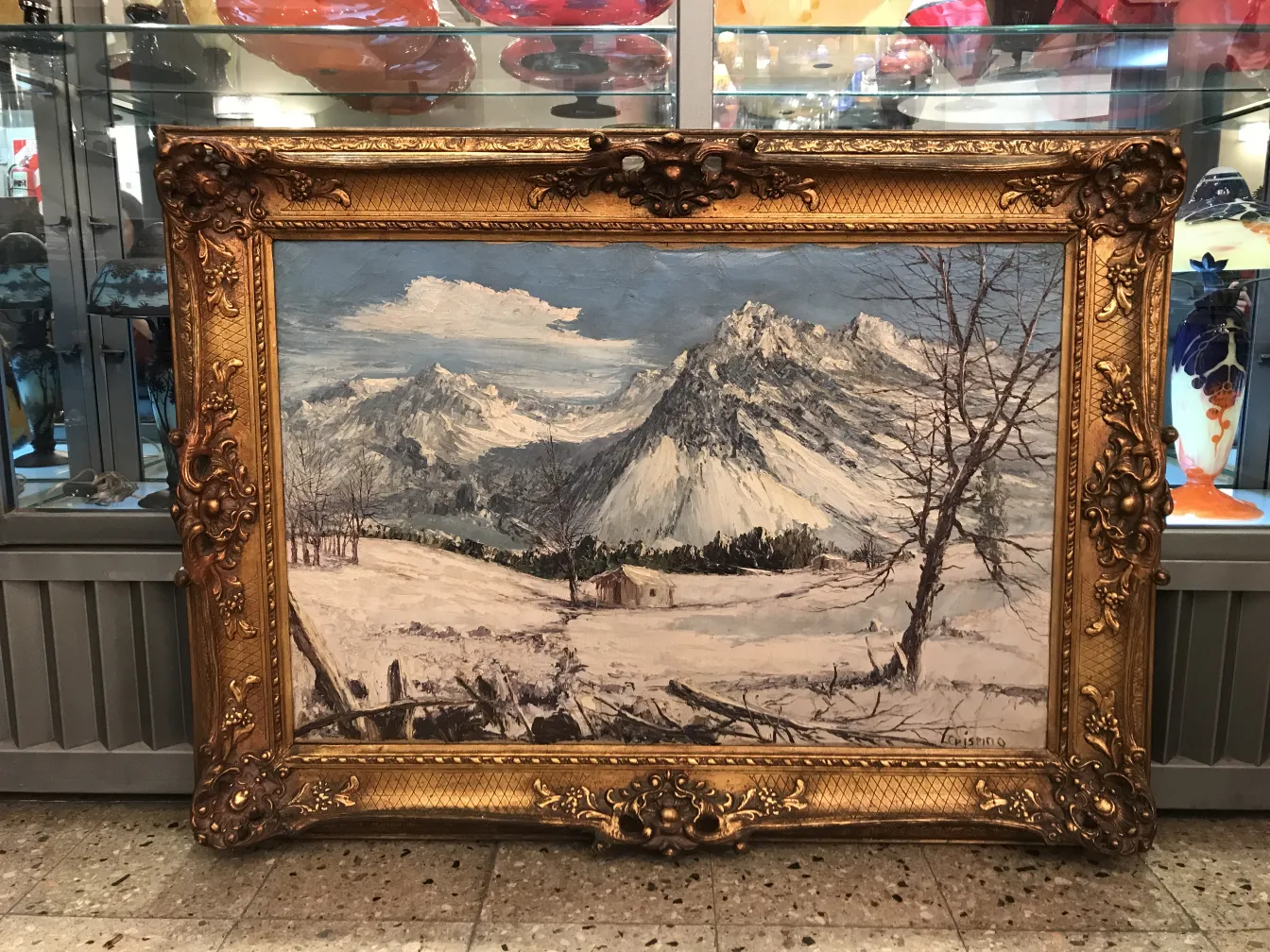 antique painting featuring mountain landscapes with a gold frame