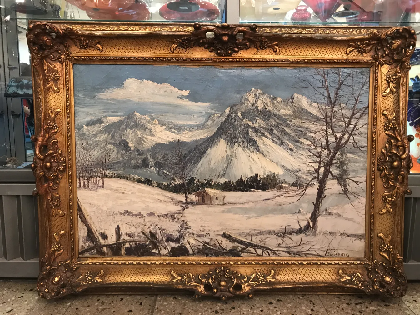 pintura antiga de paisagens de inverno com montanhas cobertas de neve