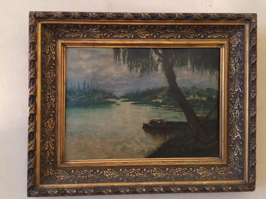 古い絵画Crispinoの川のシーンとボート