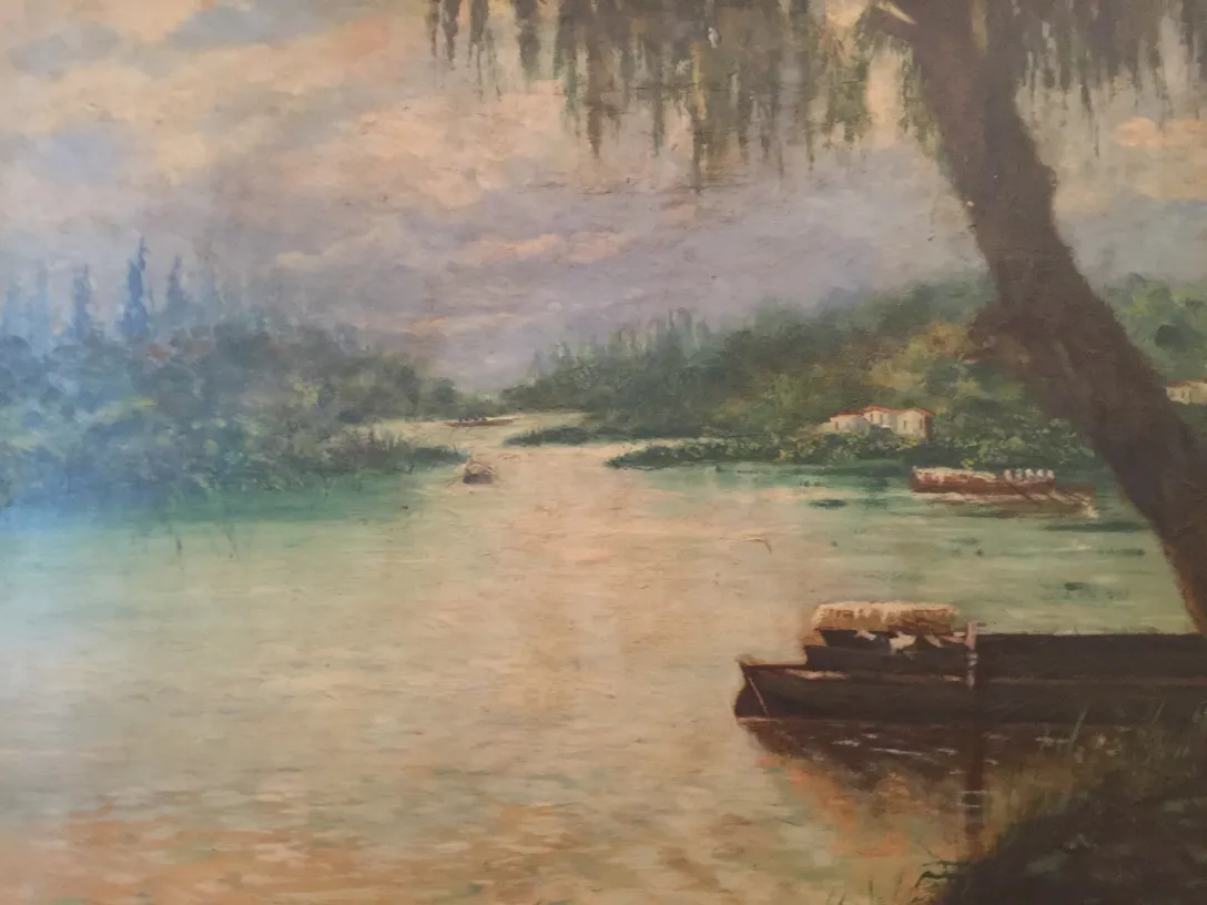 Pintura Crispino com paisagem natural e água tranquila, antiguidade.