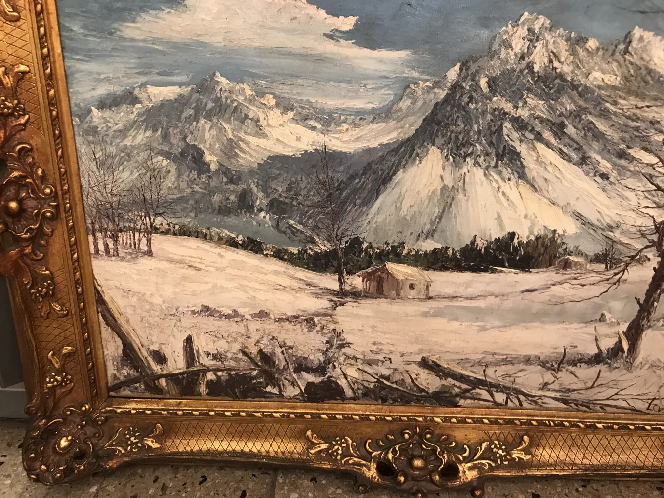 Peinture antique Crispino représentant un paysage enneigé avec une cabane.