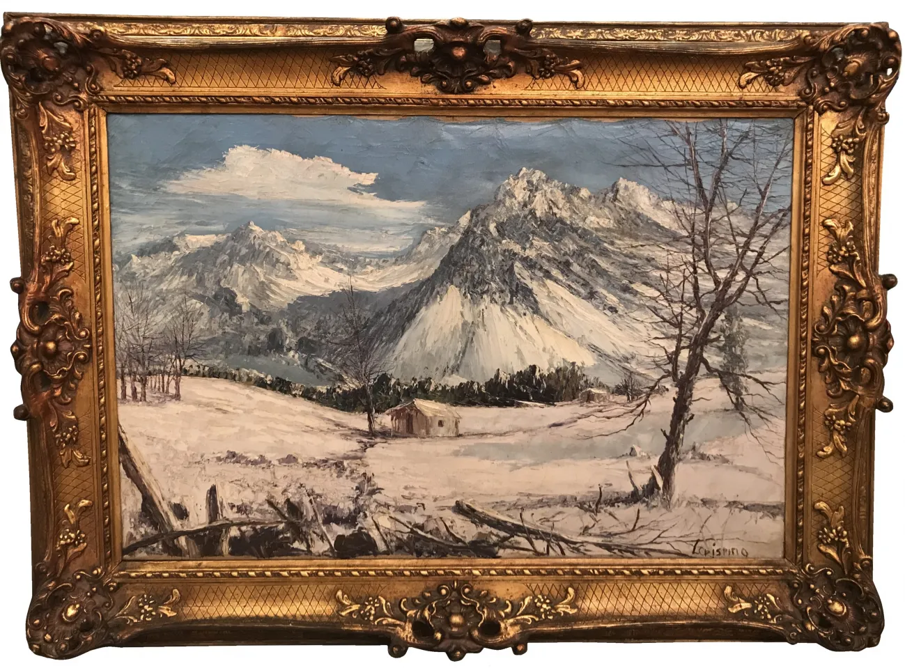 pintura antiga de Crispino mostrando uma paisagem montanhosa coberta de neve