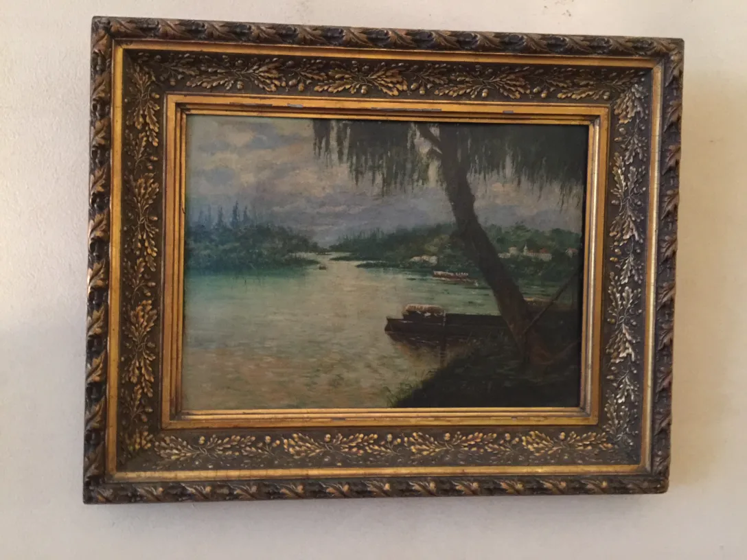 Antikes Crispino-Gemälde mit natürlicher Landschaft und Boot