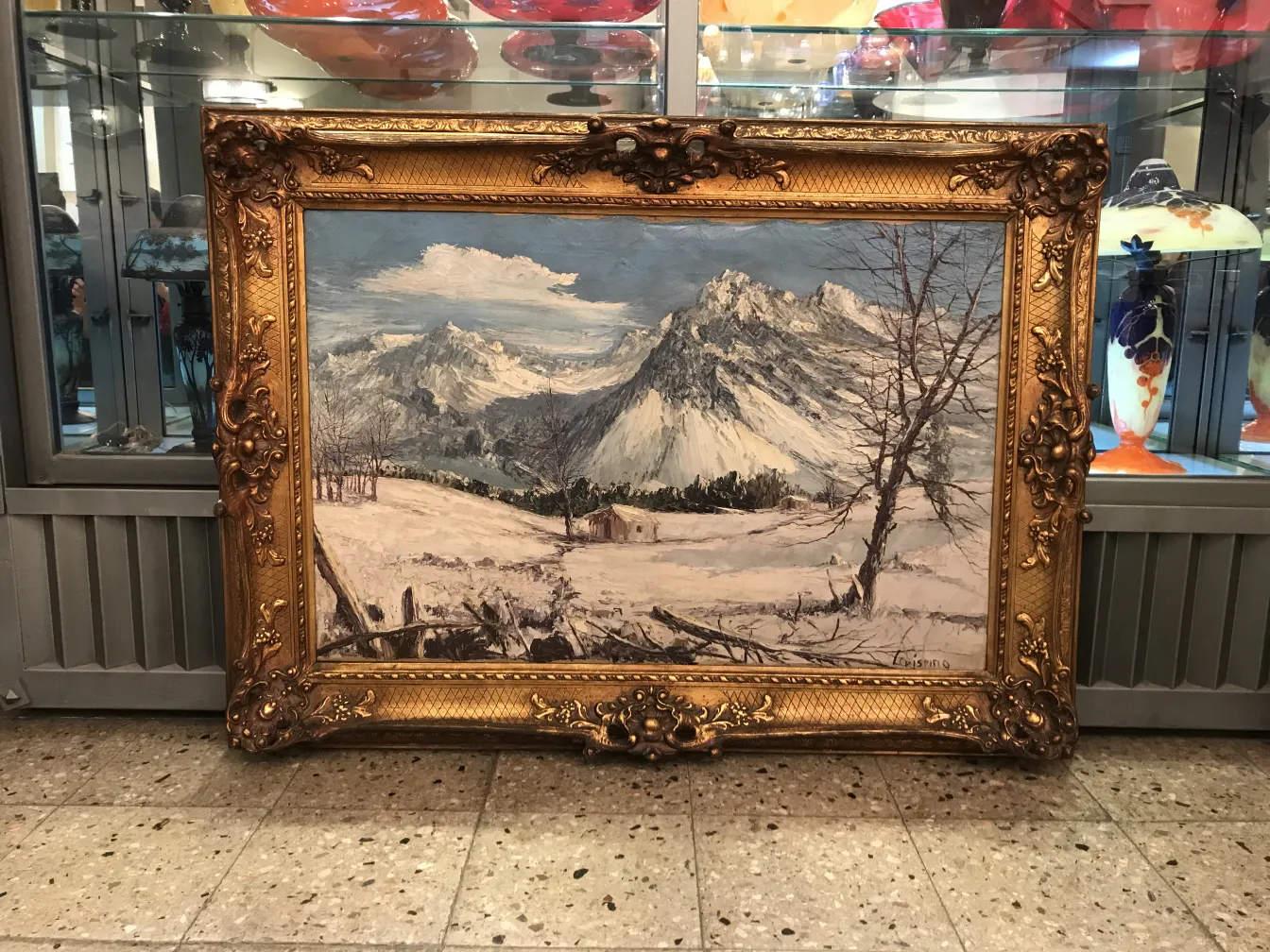 Pintura antiga de paisagem nevada com técnicas clássicas.