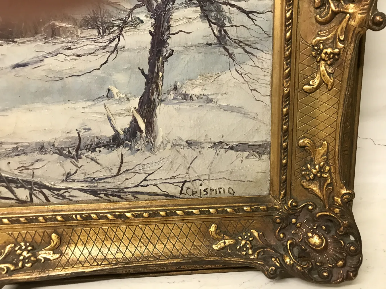 Ancienne peinture d'un paysage hivernal avec un arbre nu et cadre doré, signée Luis Crispino.