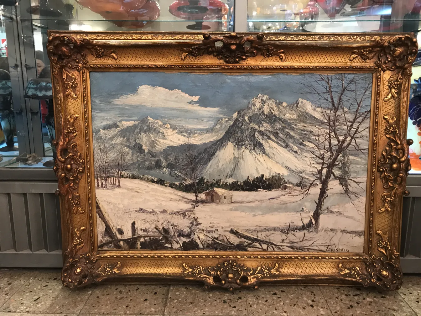 Antike Malerei von Luis Crispino mit schneebedecktem Berglandschaft