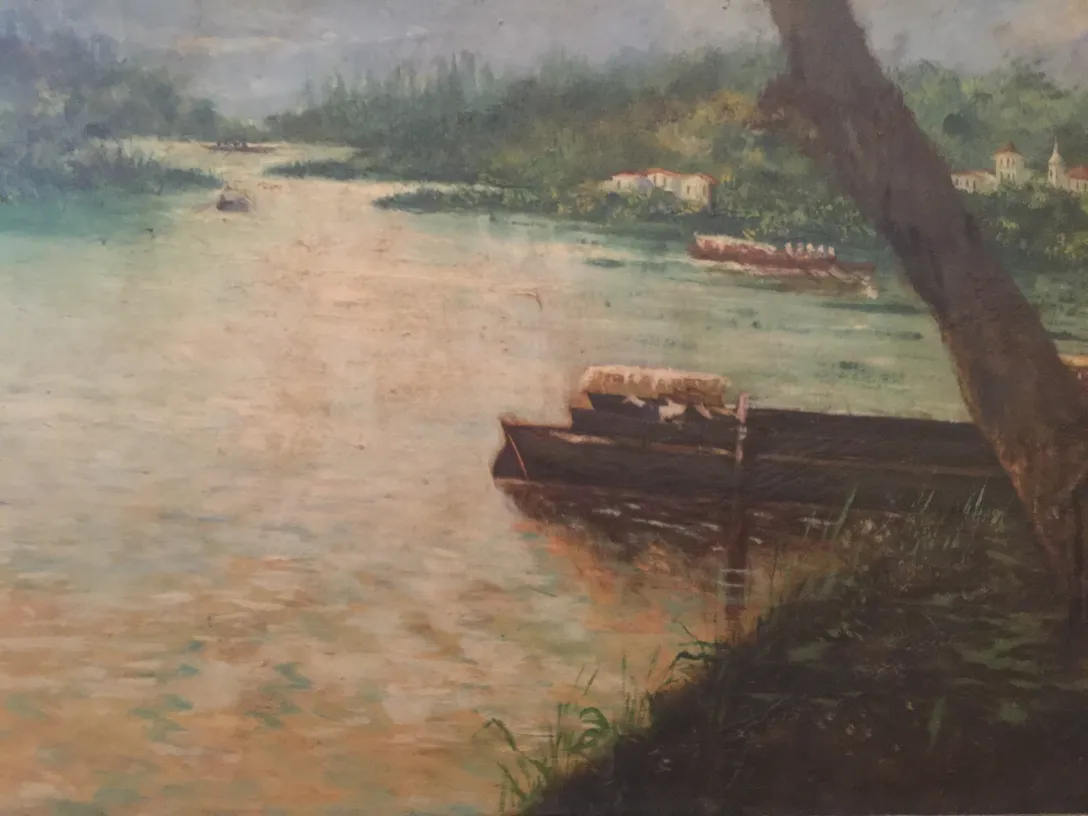 ancienne peinture Crispino d'un paysage naturel avec de l'eau