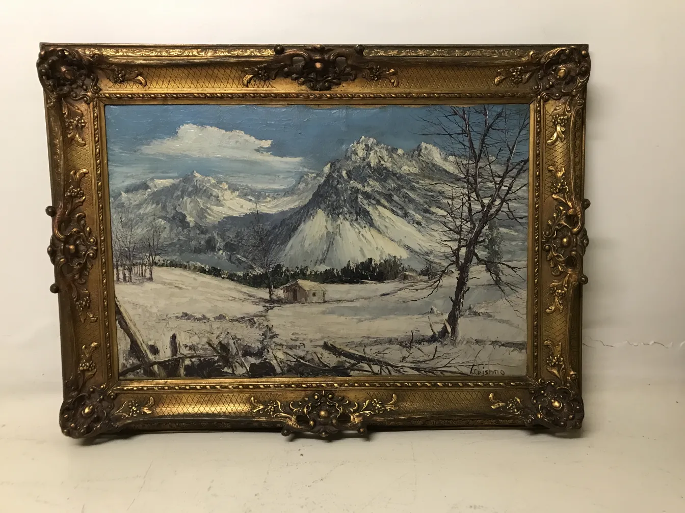 pintura antiga crispino de uma paisagem nevada com moldura decorativa