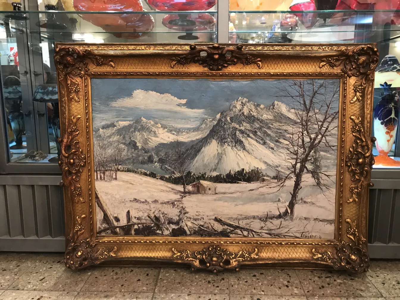 Pintura antiga de Luis Crispino mostrando uma paisagem nevada com montanhas e árvores.