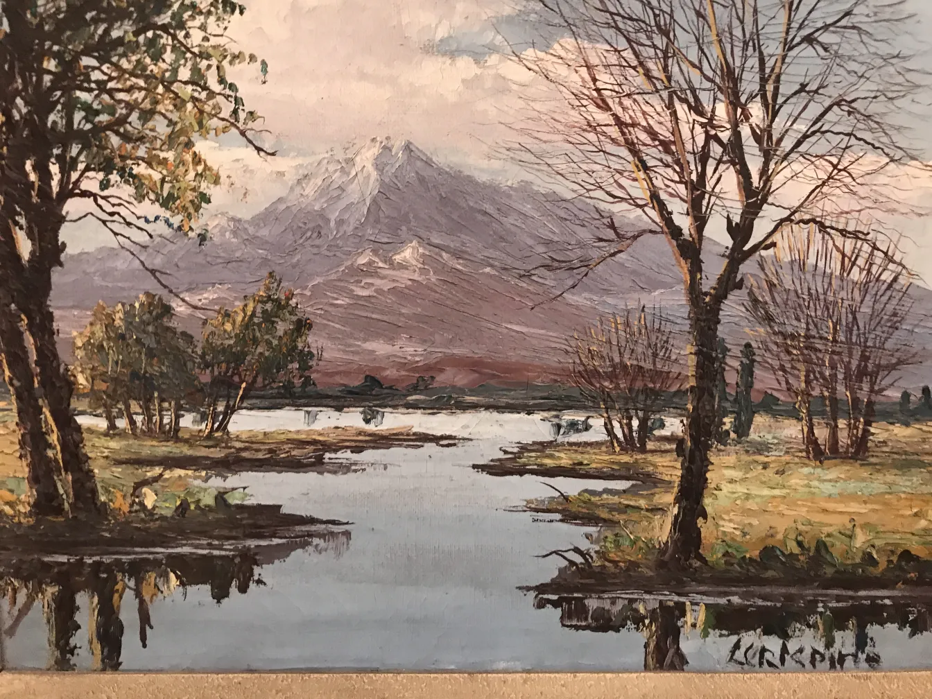 pintura crispino de un paisaje con árboles y montaña