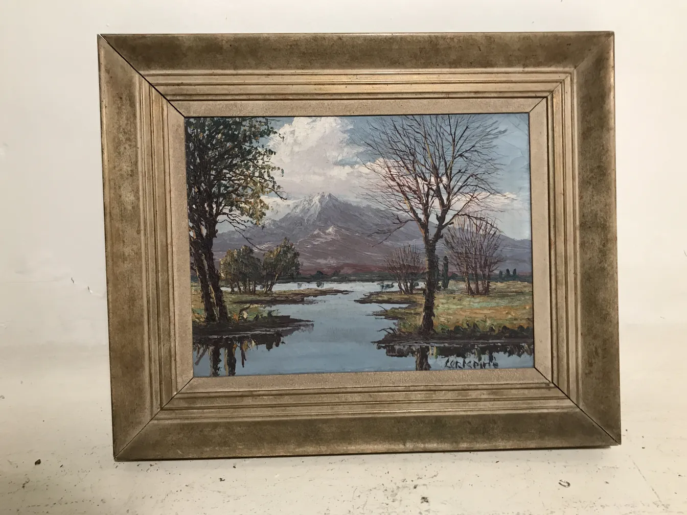 antique painting of landscape with trees and water