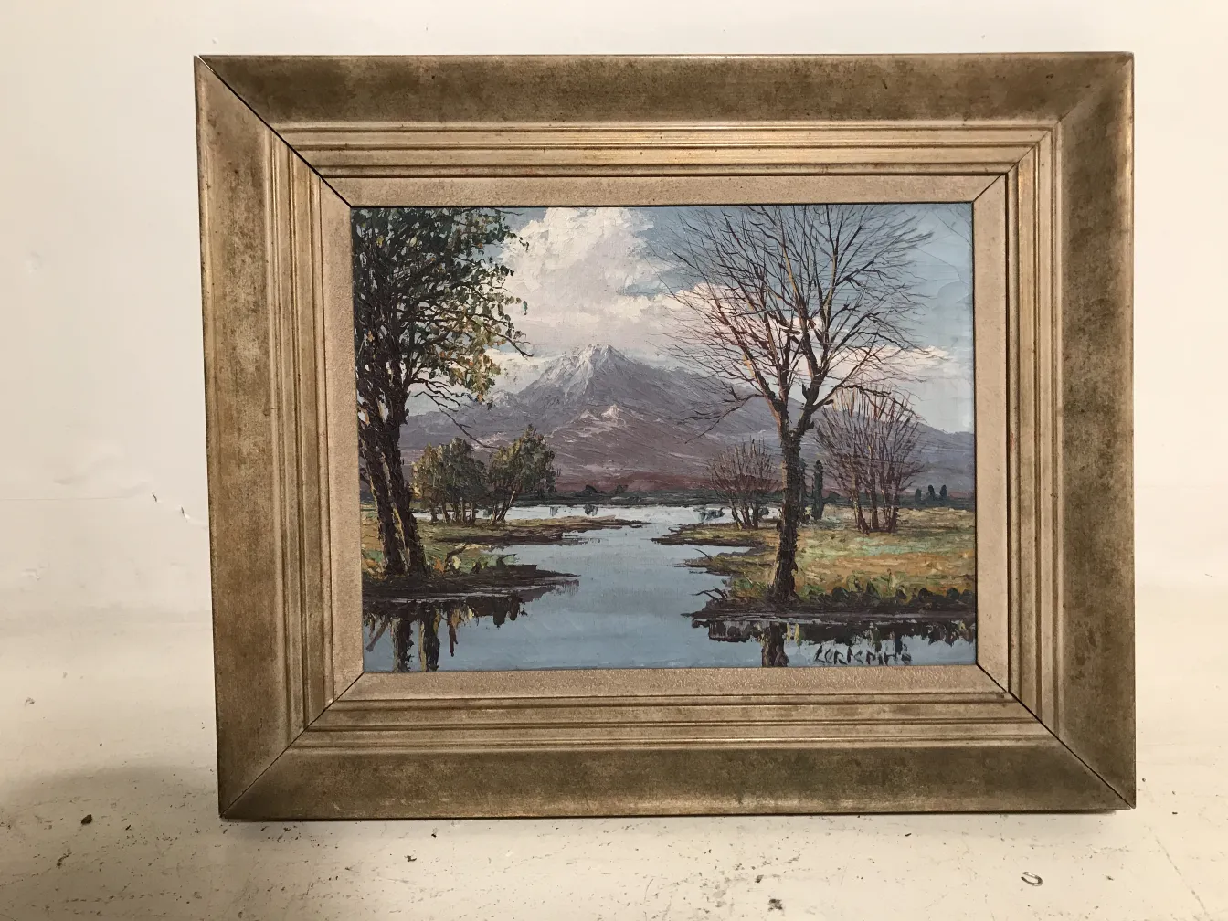 رسم قديم لمنظر طبيعي مع أشجار وماء