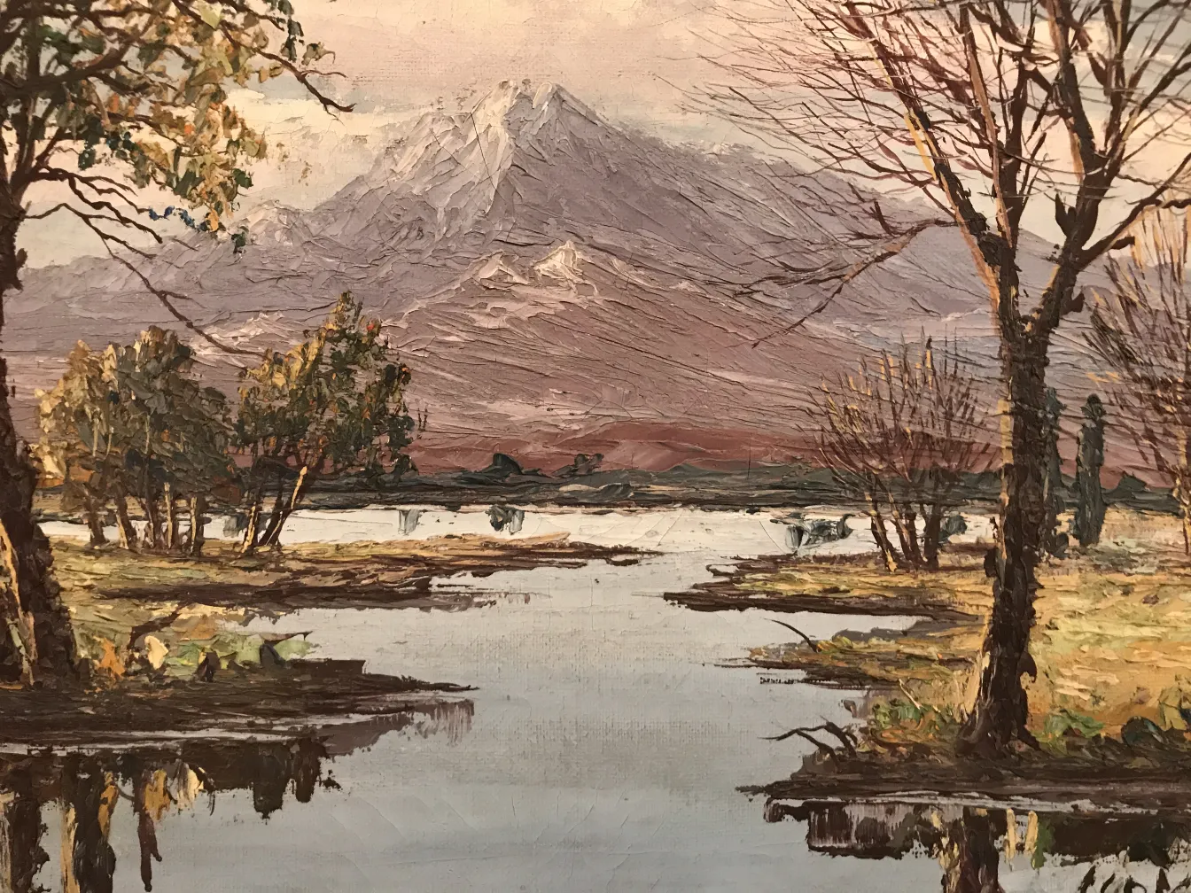 antica pittura Crispino di paesaggio con alberi e acqua