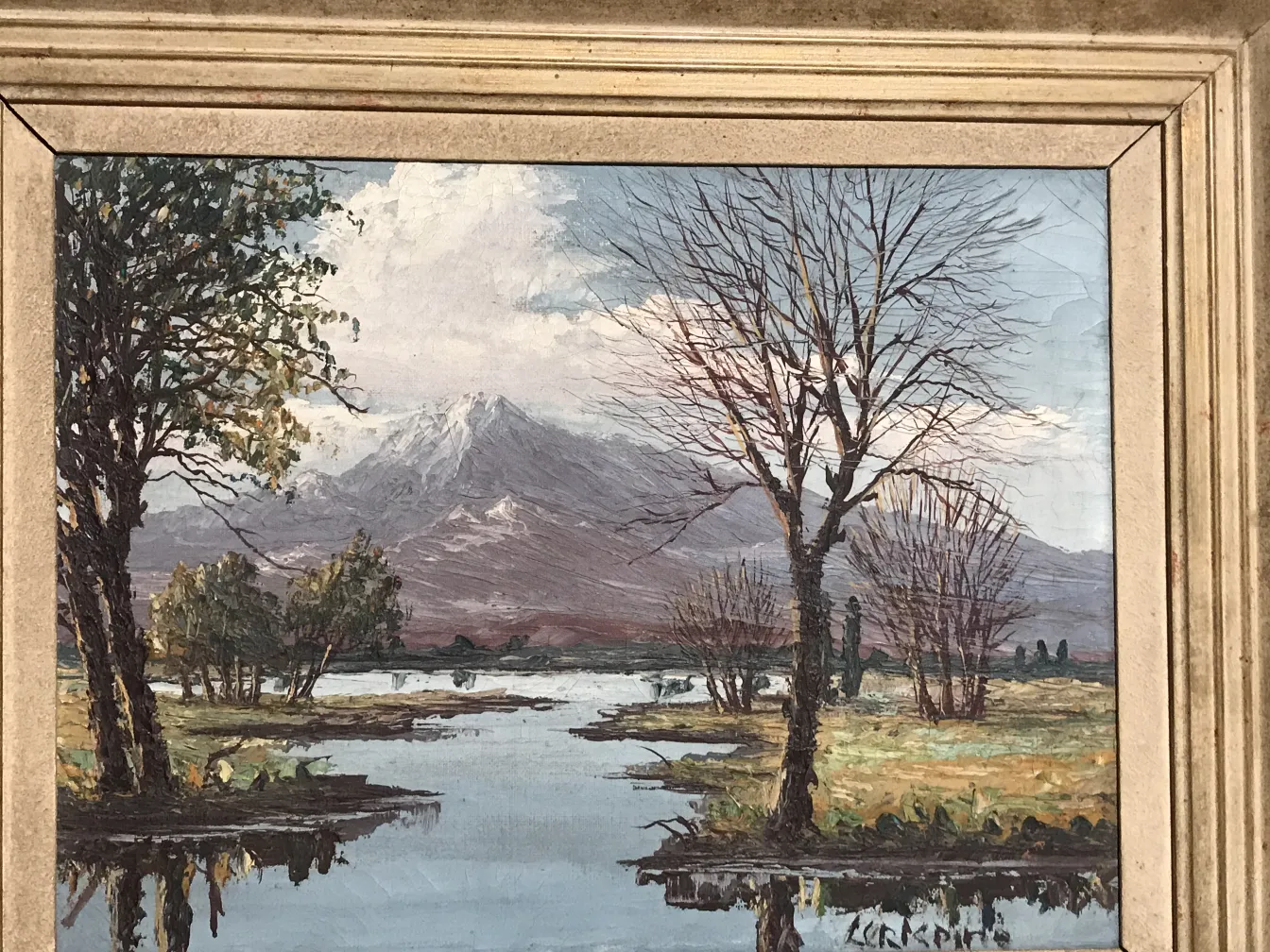 crispino gemälde mit landschaft von bäumen und wasser