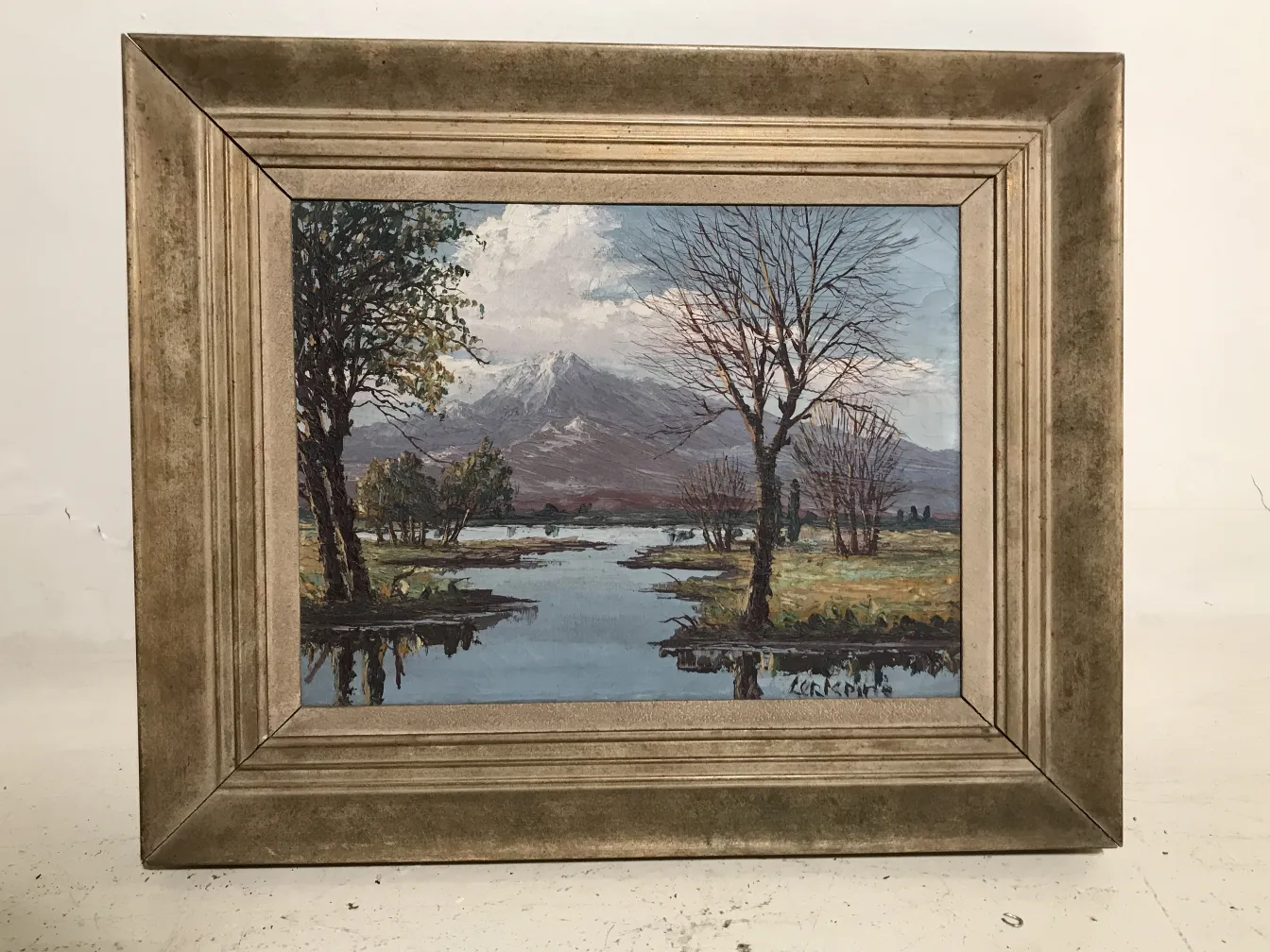 Ancient Crispino painting of natural landscape with trees and water.