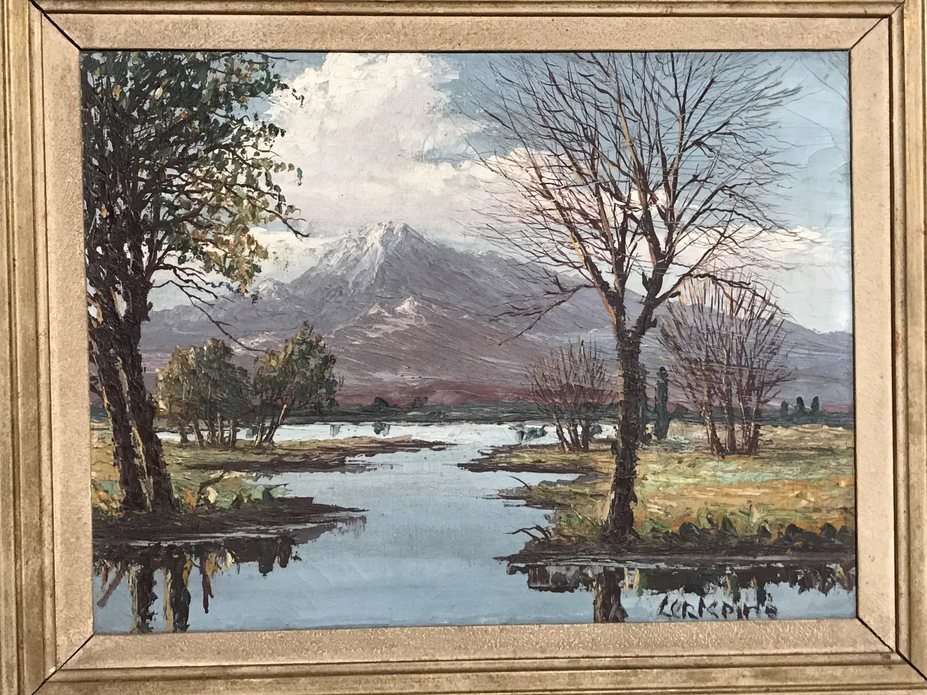 Pintura antiga de paisagem natural do Crispino com árvores e água