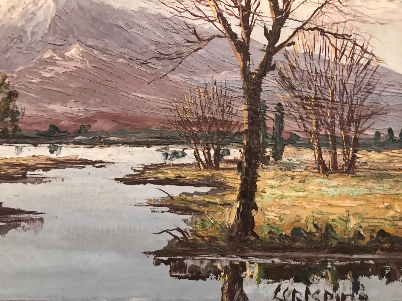 Peinture ancienne Crispino d'un paysage avec des arbres et de l'eau calme.