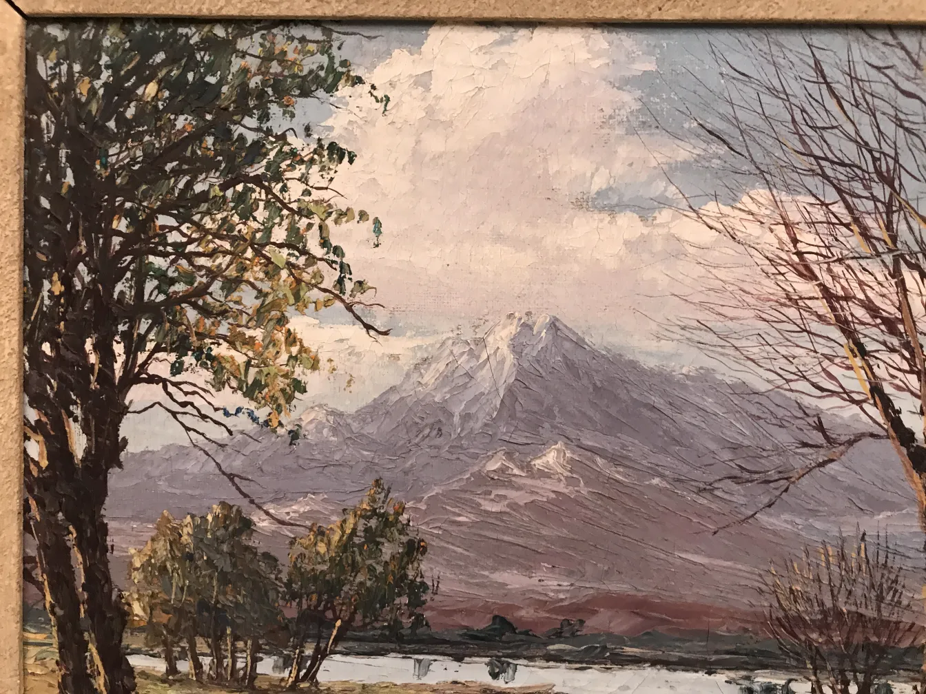 古いクリスピーノの絵画に山の景色と木々