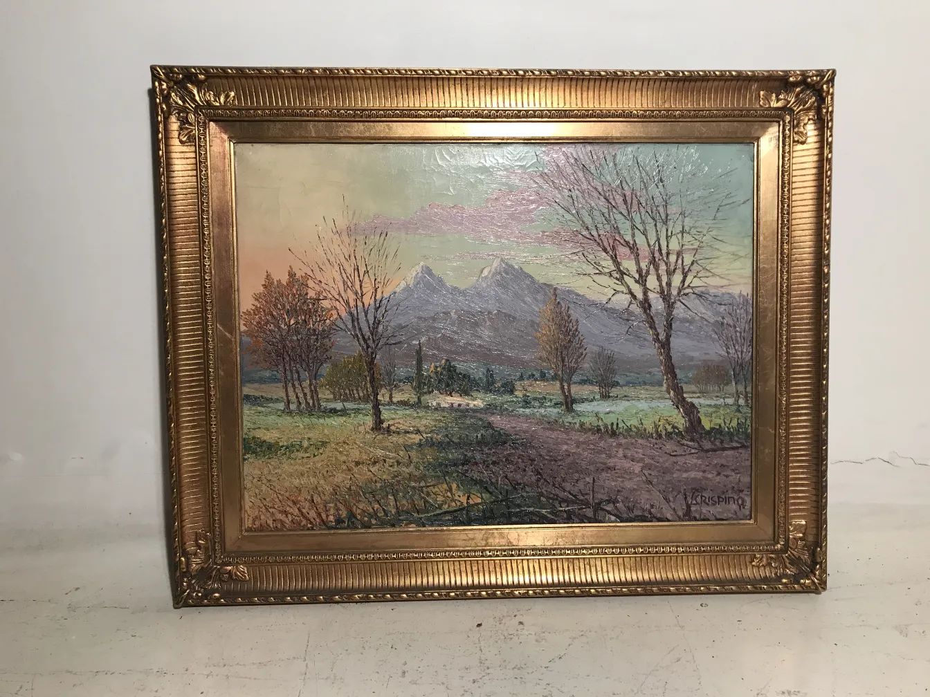 古い風景画、背景に山と木