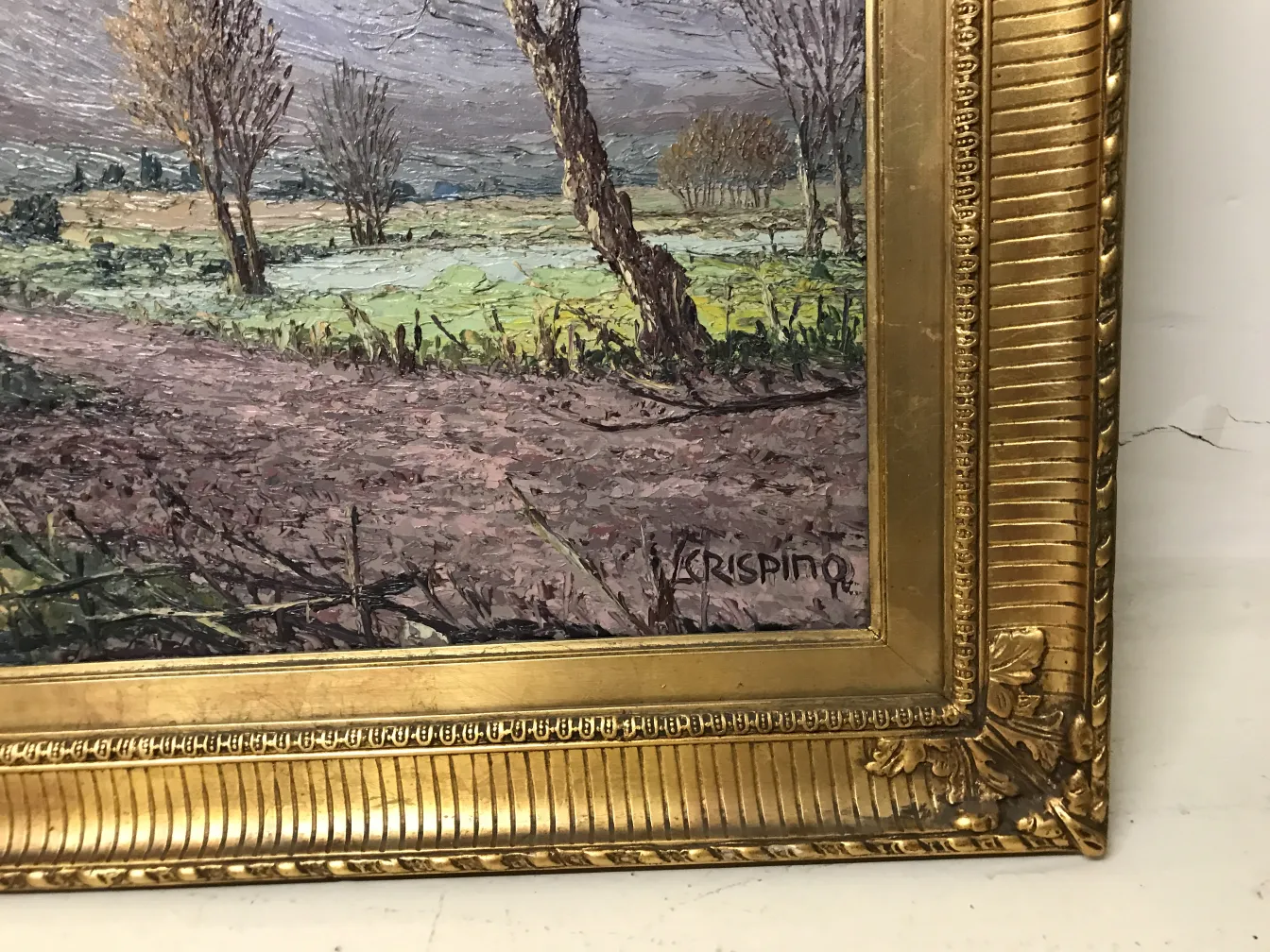 Dipinto antico Crispino di paesaggio con cornice dorata